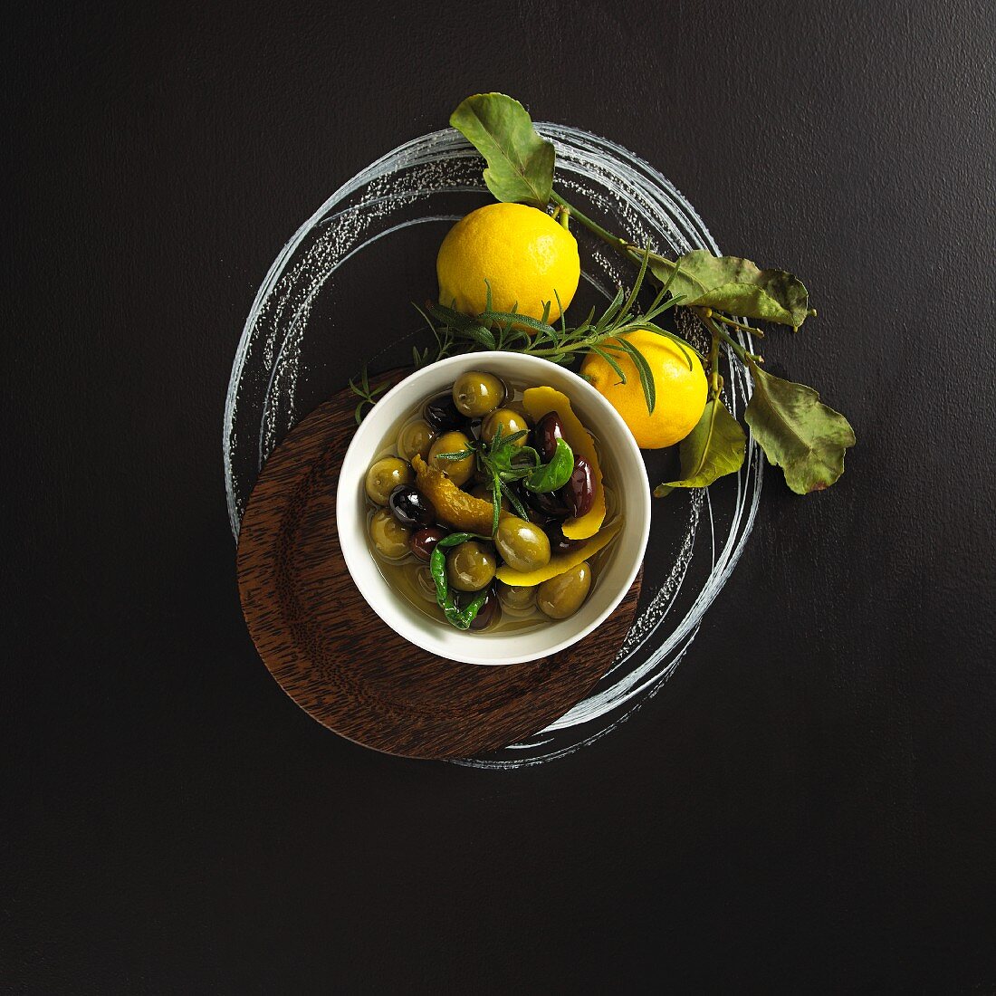 Marinated olives with rosemary and lemon
