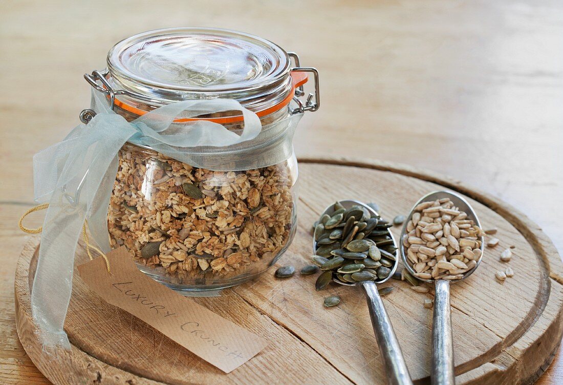 Muesli with seeds in a preserving jar