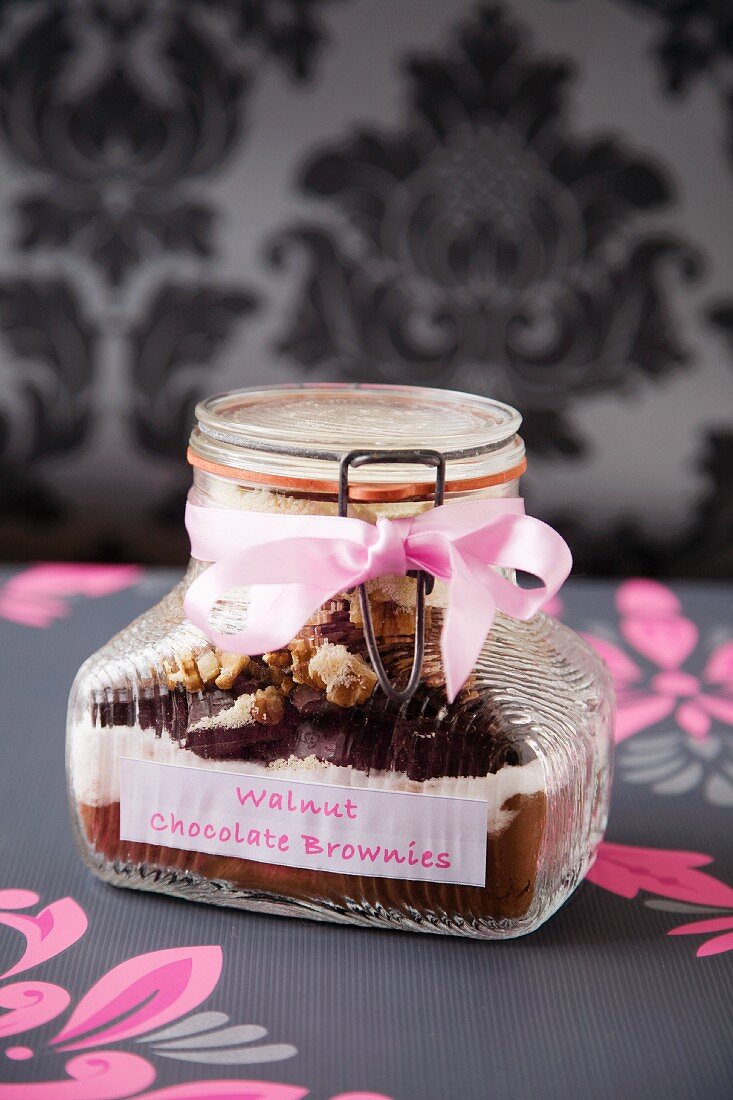 Walnut Chocolate Brownie Mix in a Jar with a Pink Ribbon