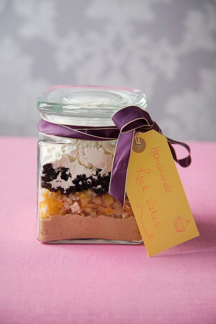 Rock Cake Mix in a Jar Tied with a Ribbon and Tag