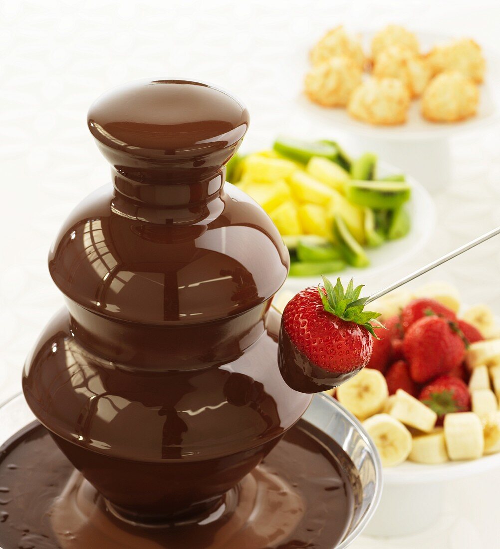 A chocolate fountain with assorted fruit