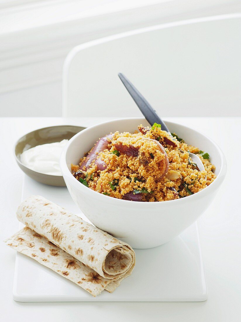 Couscous salad with dates, served with flatbread