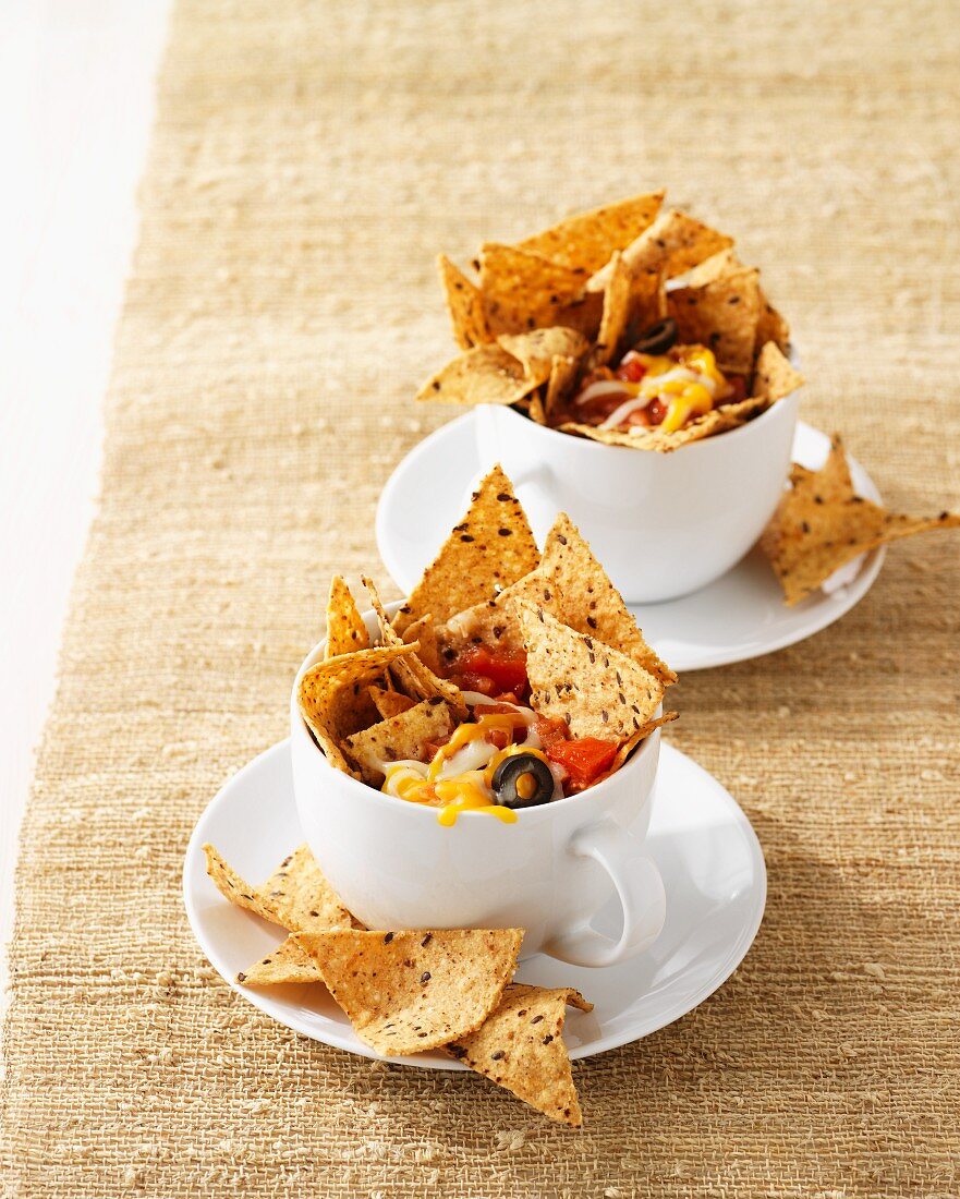 Wholemeal tortilla chips with linseeds in tomato and cheese dip