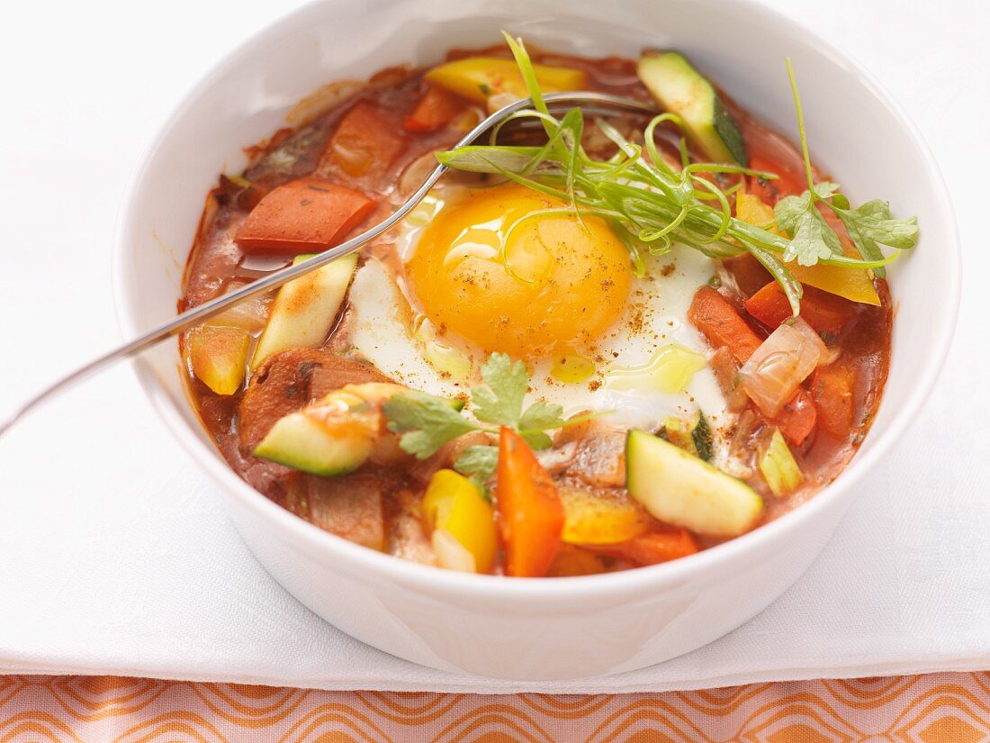 An egg cooked in the pot with vegetables