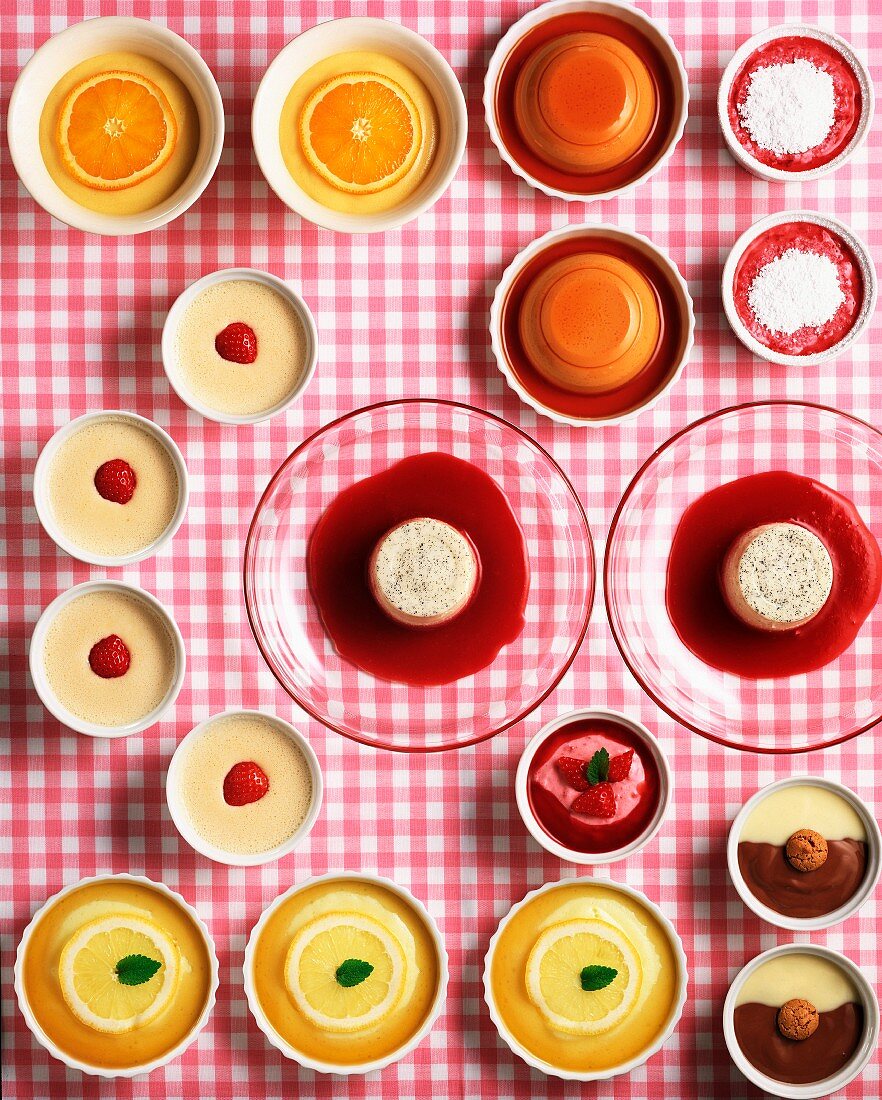 Assorted puddings and mousses (view from above)