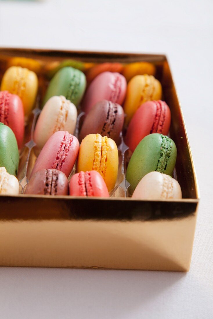 Colourful macaroons in a box