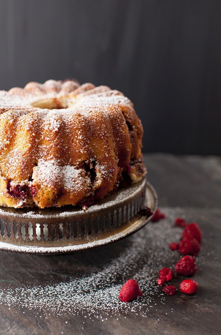 Raspberry Chocolate Coffee Cake Dusted with Powdered Sugar