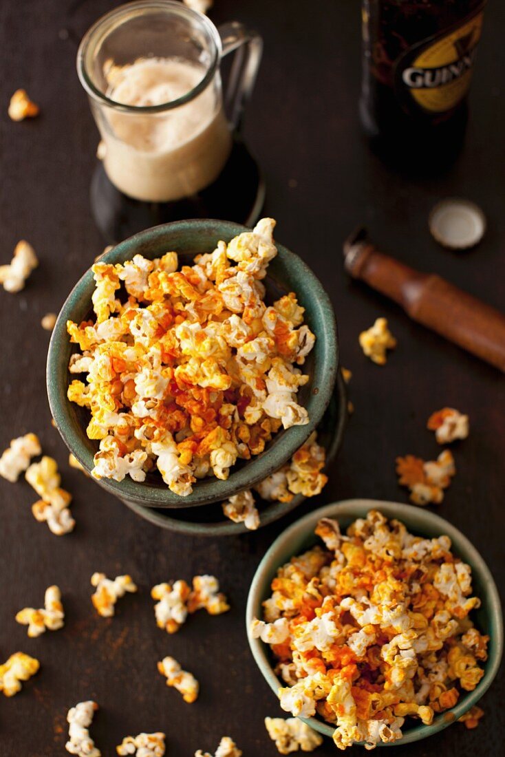 Bowls of Spicy Popcorn with Hot Sauce