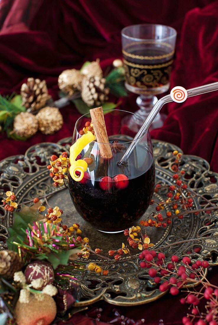 A Glass of Mulled Wine on a Silver Tray