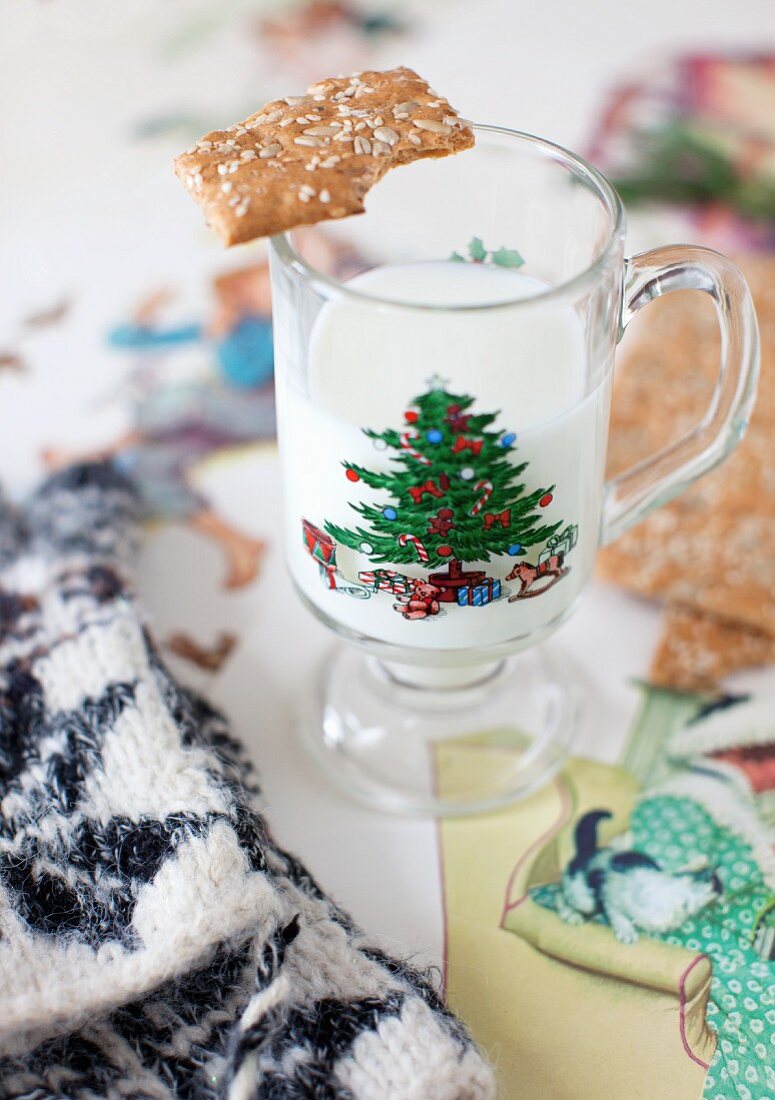 Milk in a Christmas Glass with a Cookie