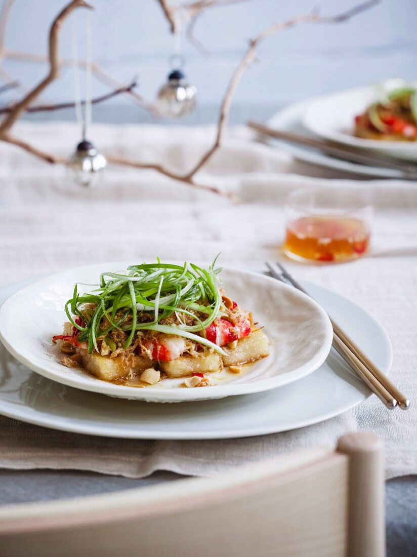 Rice cakes with king prawns and rousong (Christmassy)