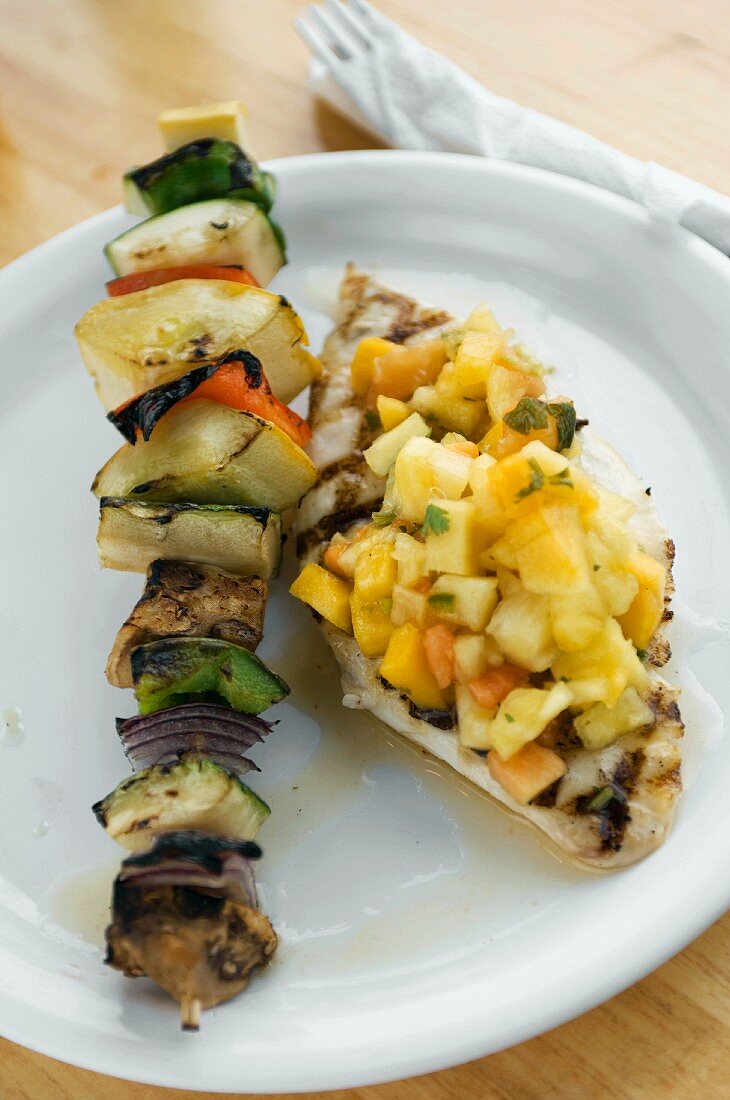 Grilled Vegetable Kebab and Fish Fillet with Fruit Salsa