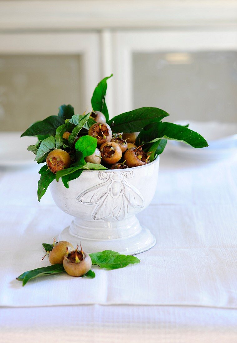 Medlars with leaves in a bowl