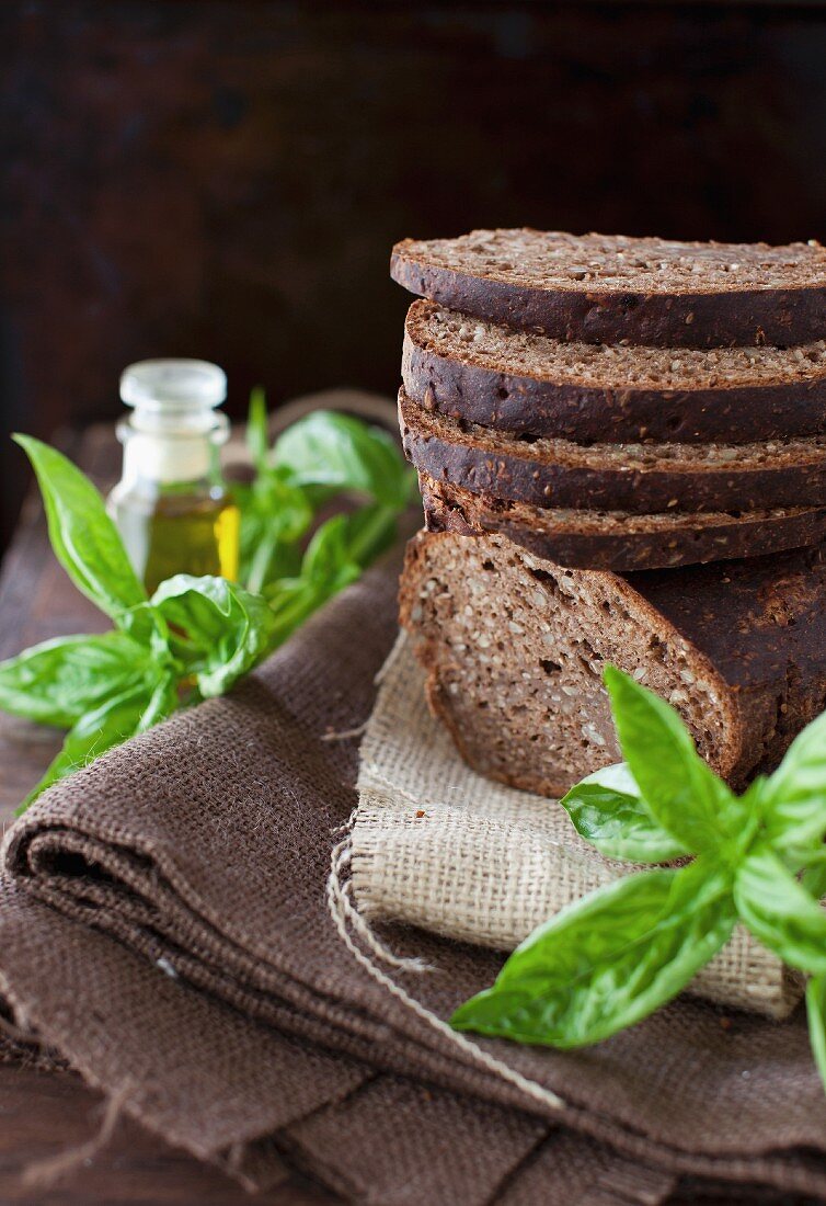 Sliced and Stacked Whole Grain Bread with Basil