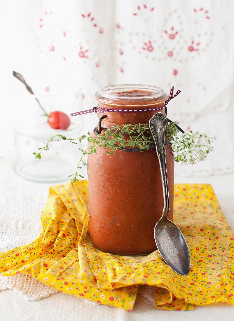 A Jar of Homemade Gazpacho with Lemon Thyme