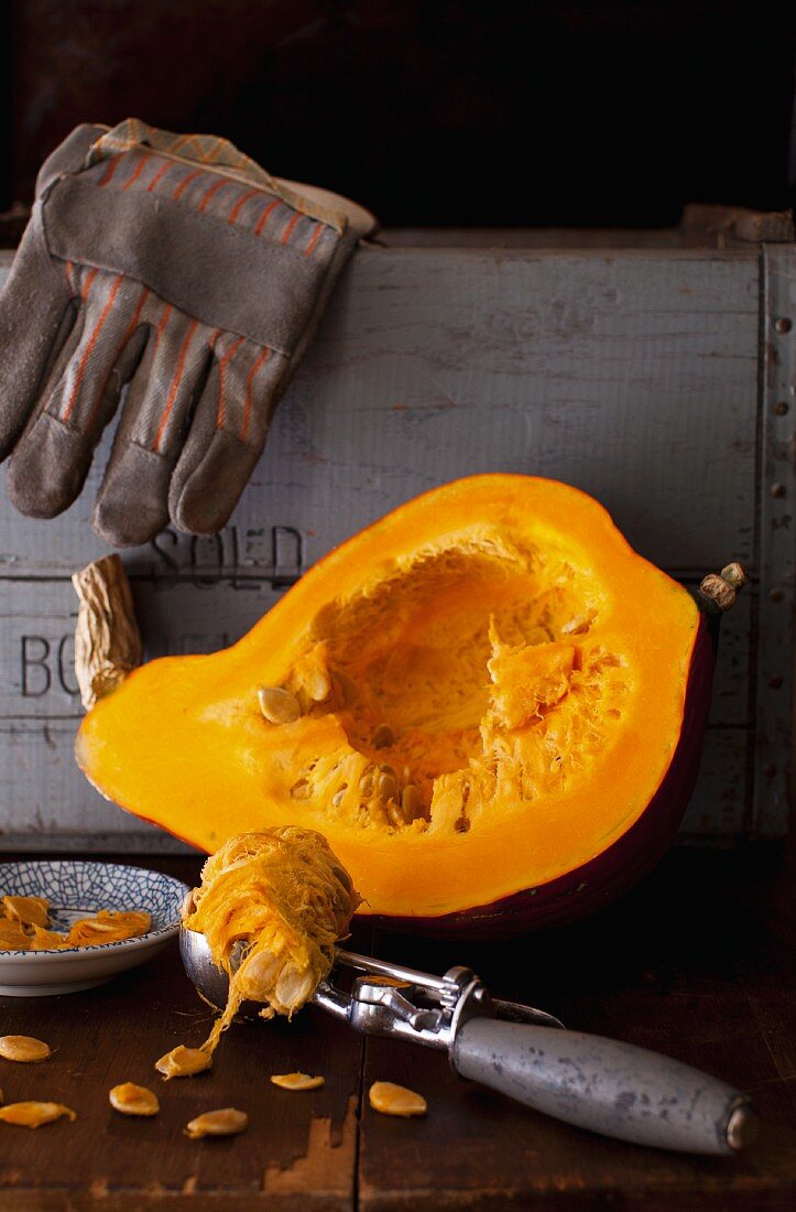 Halved Red Hubbard Squash with Seeds Scooped Out