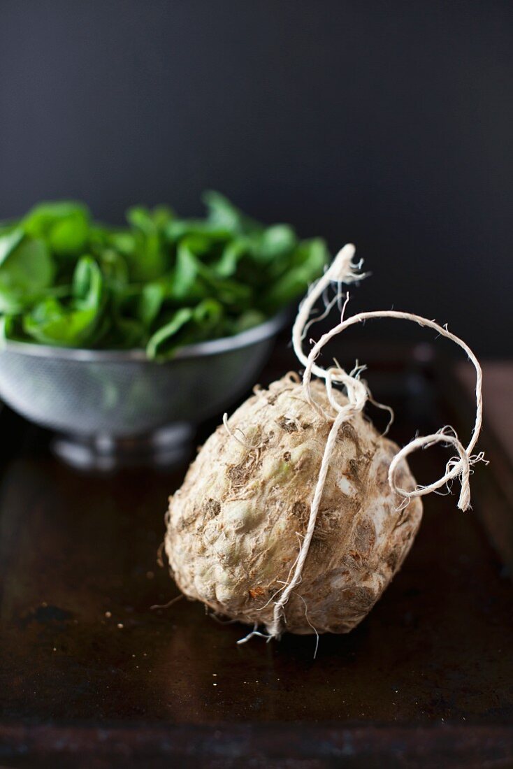 Celery Root with Fresh Spinach in the Background
