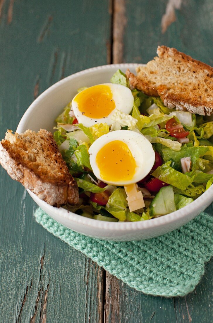 Salad with Soft Boiled Egg and Slices of Irish Soda Bread