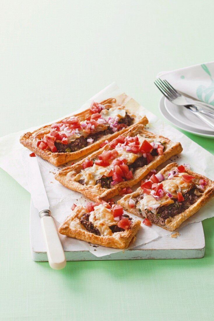 Puff pastry tarts with lamb and tomato salsa