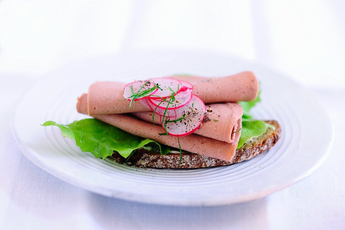 Bread with salad, slices of tofu sausage and radishes