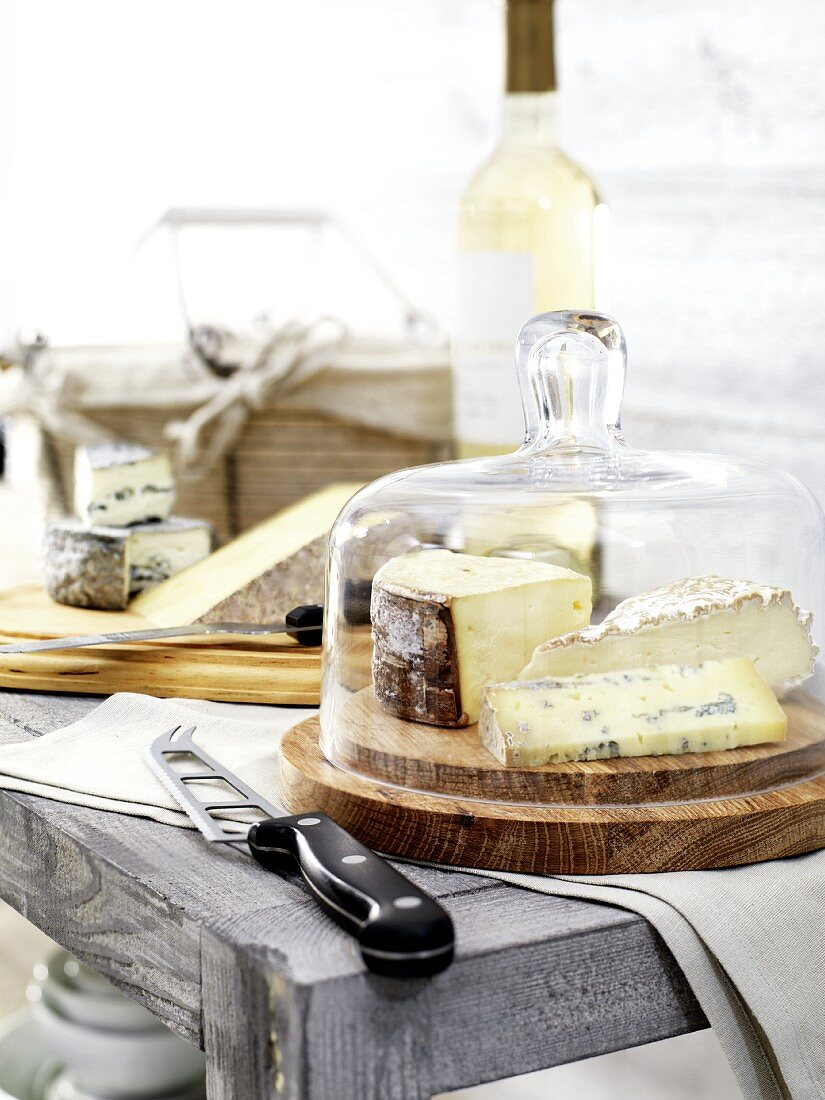 Assorted types of cheese under a cheese dome, and a cheese knife