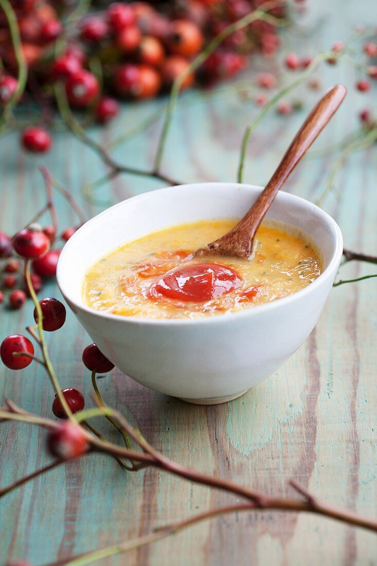 Squash soup with stewed rosehip