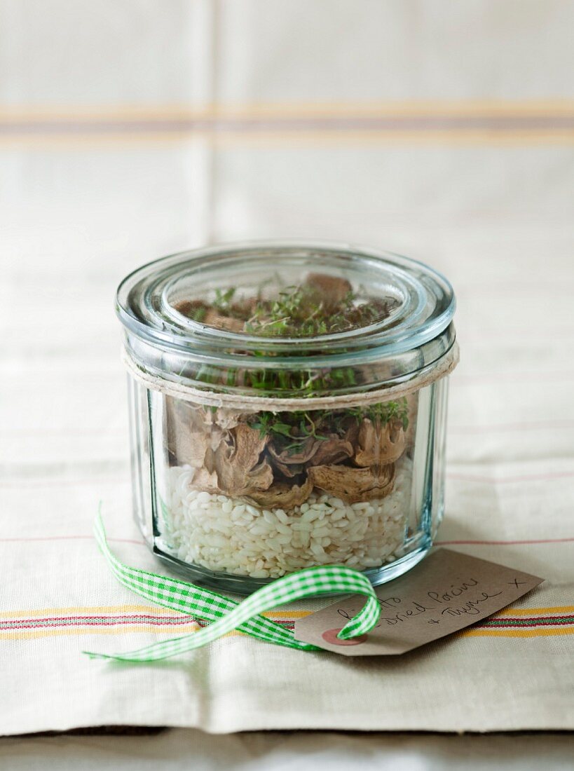 Porcini mushroom risotto mix with thyme in a jar