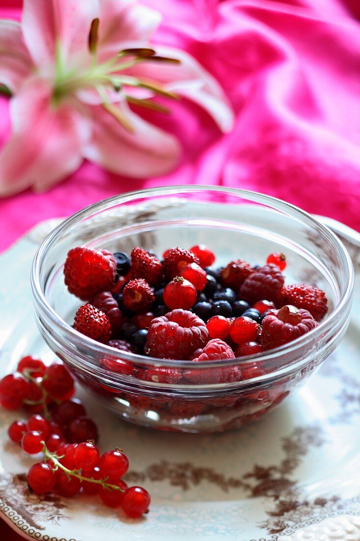 Fresh berries in a glass dish