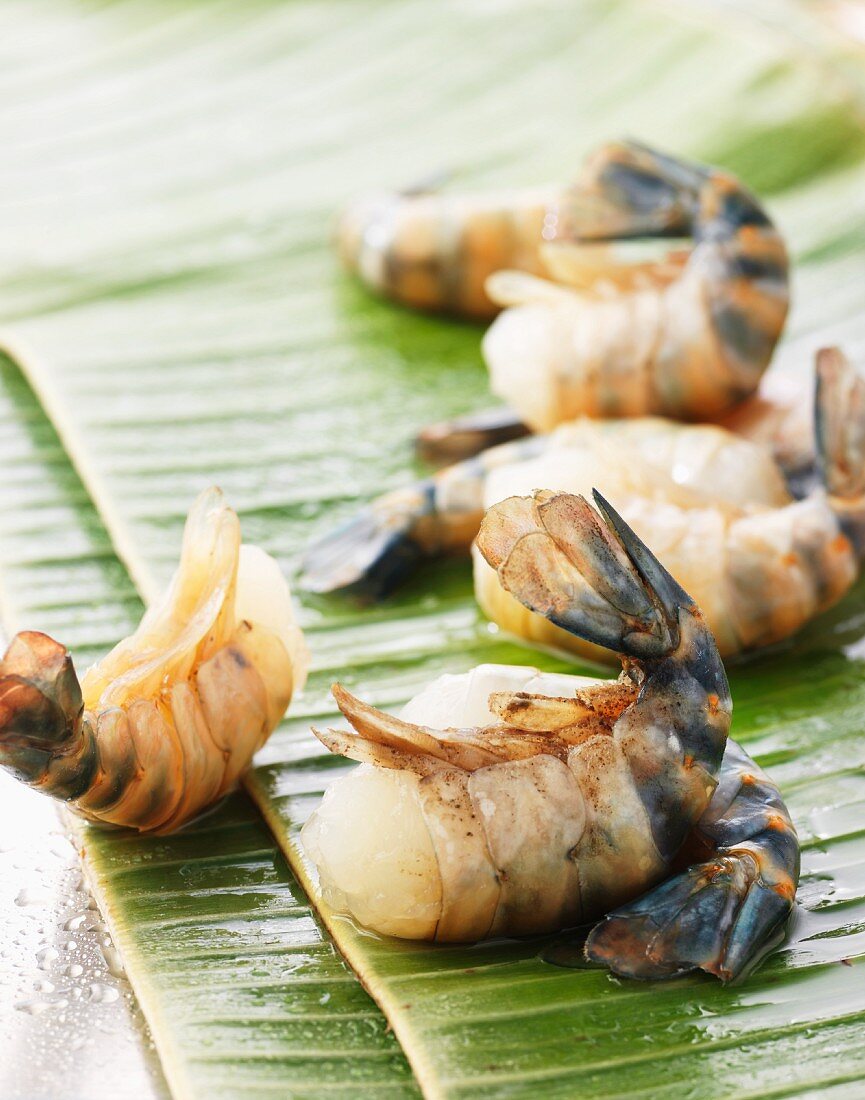 Prawns on a banana leaf