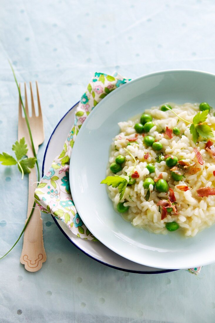 Pea and Lemon Risotto with Prosciutto; In a Bowl