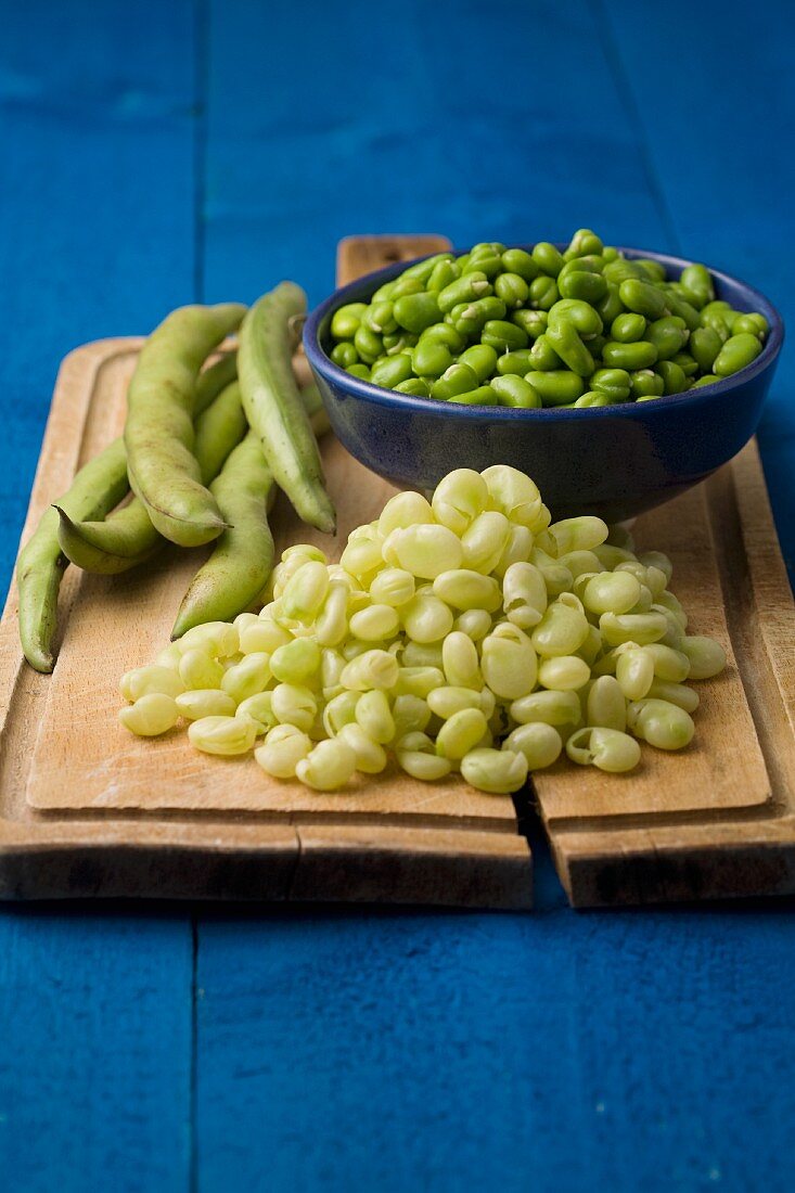 A still life featuring broad beans