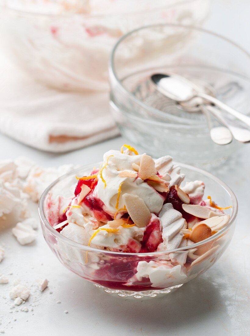 Eton Mess with cranberries and sliced almonds