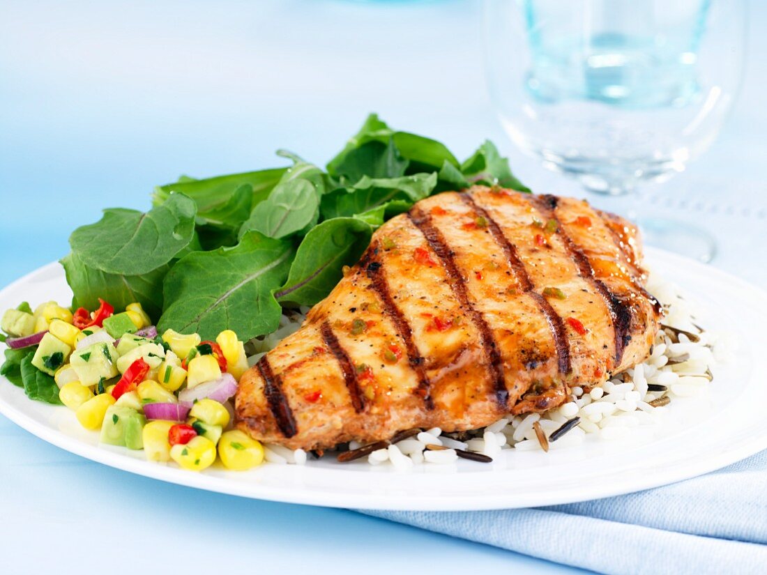 Marinated chicken breast with rice and sweetcorn salad