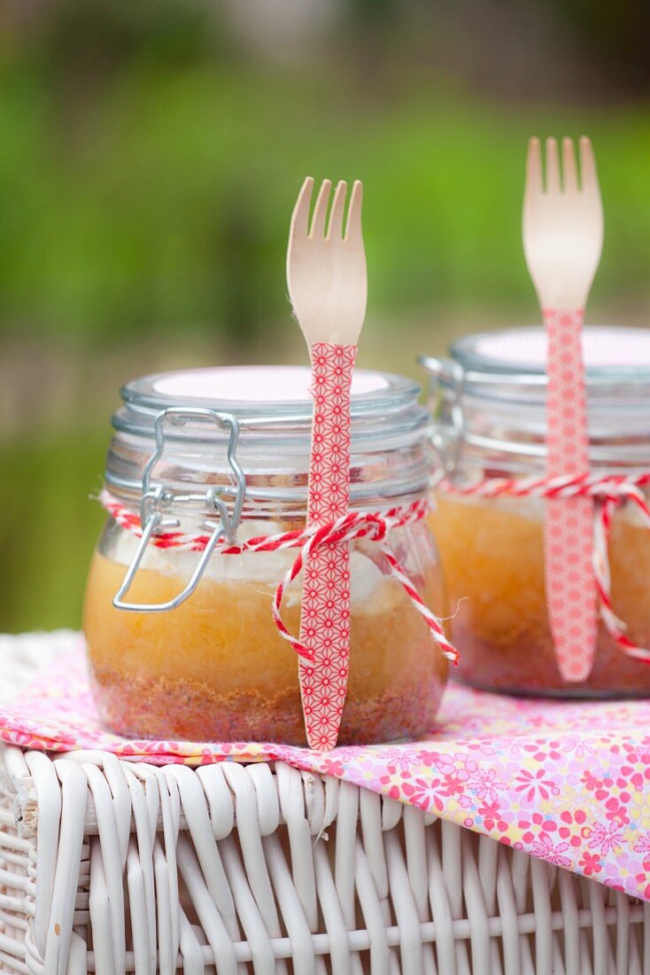 Apple cake in jars for a picnic
