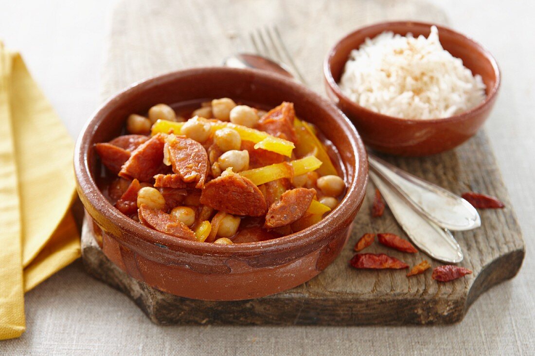 Chorizo with beans, peppers and a side of rice