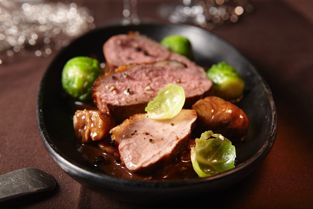 Duck breast with Brussels sprouts and chestnuts