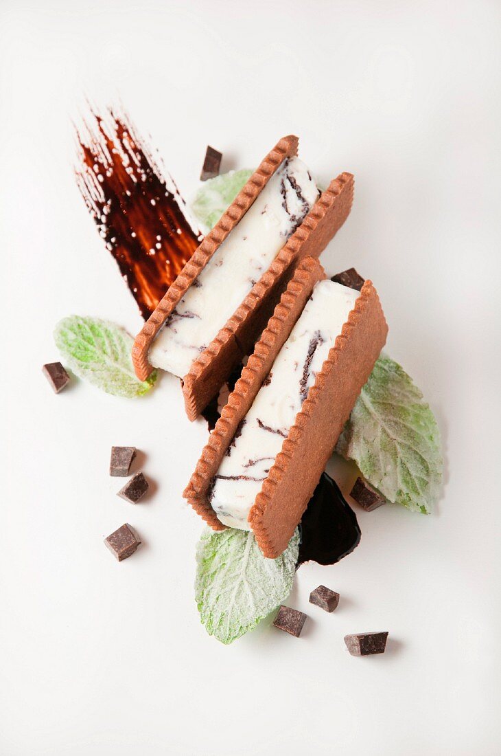 An ice cream sandwich with chocolate sauce and crystallised mint leaves