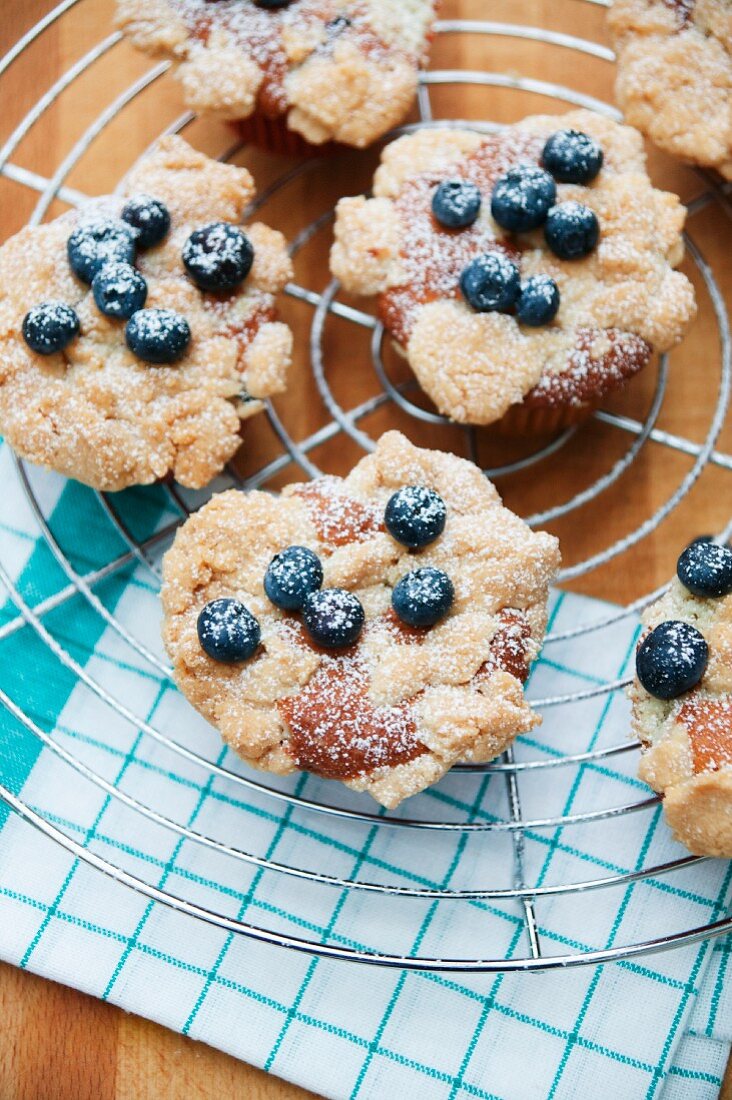 Blueberry muffins on a cake rack