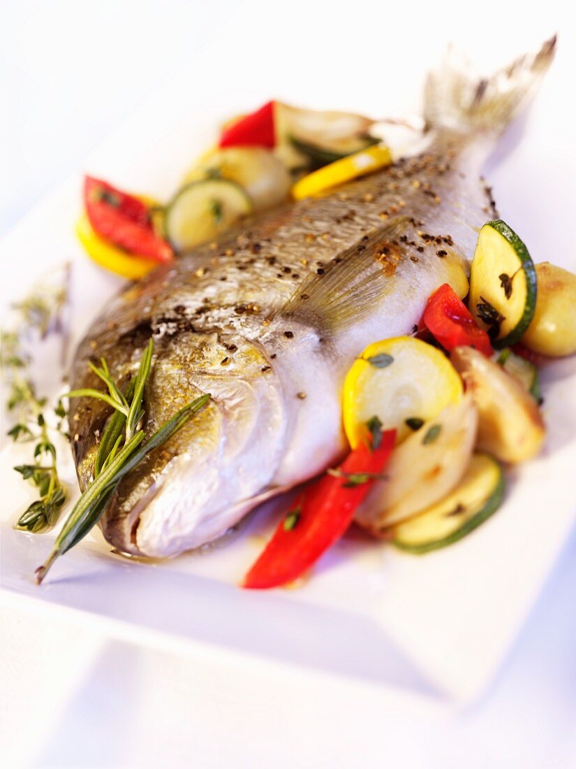 A whole gilt-head bream with vegetables