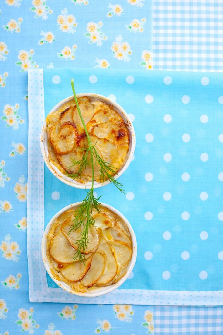 Two potato gratins with fennel leaves