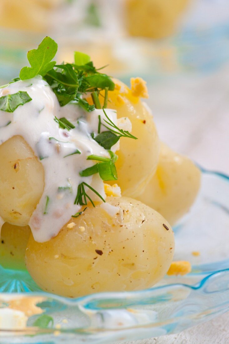 Kartoffelsalat mit Joghurt, Schnittlauch, Dill und hartgekochten Eiern