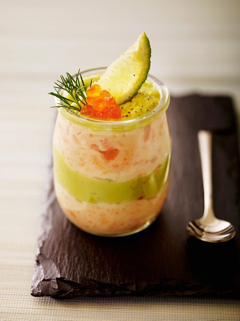 A layered dish of avocado mousse and salmon mousse