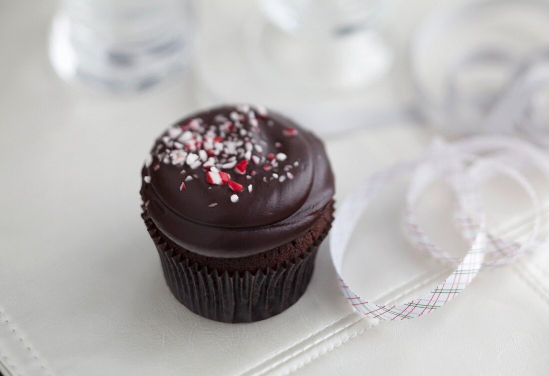 Chocolate Cupcake Topped with Crushed Candy Cane