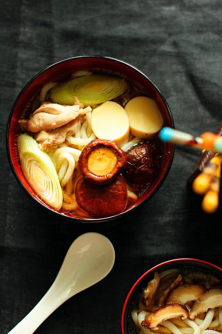 Japanese soup with udon noodles and chicken