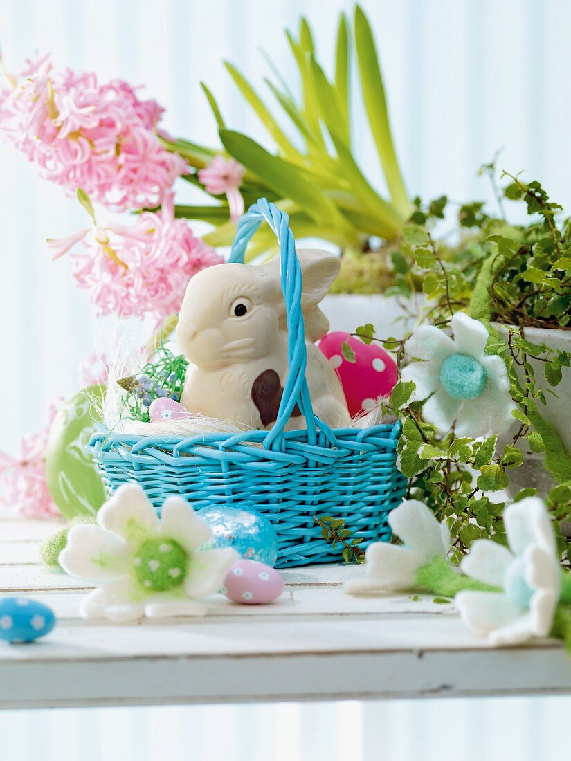 Easter treats in a basket on a table with Easter decorations