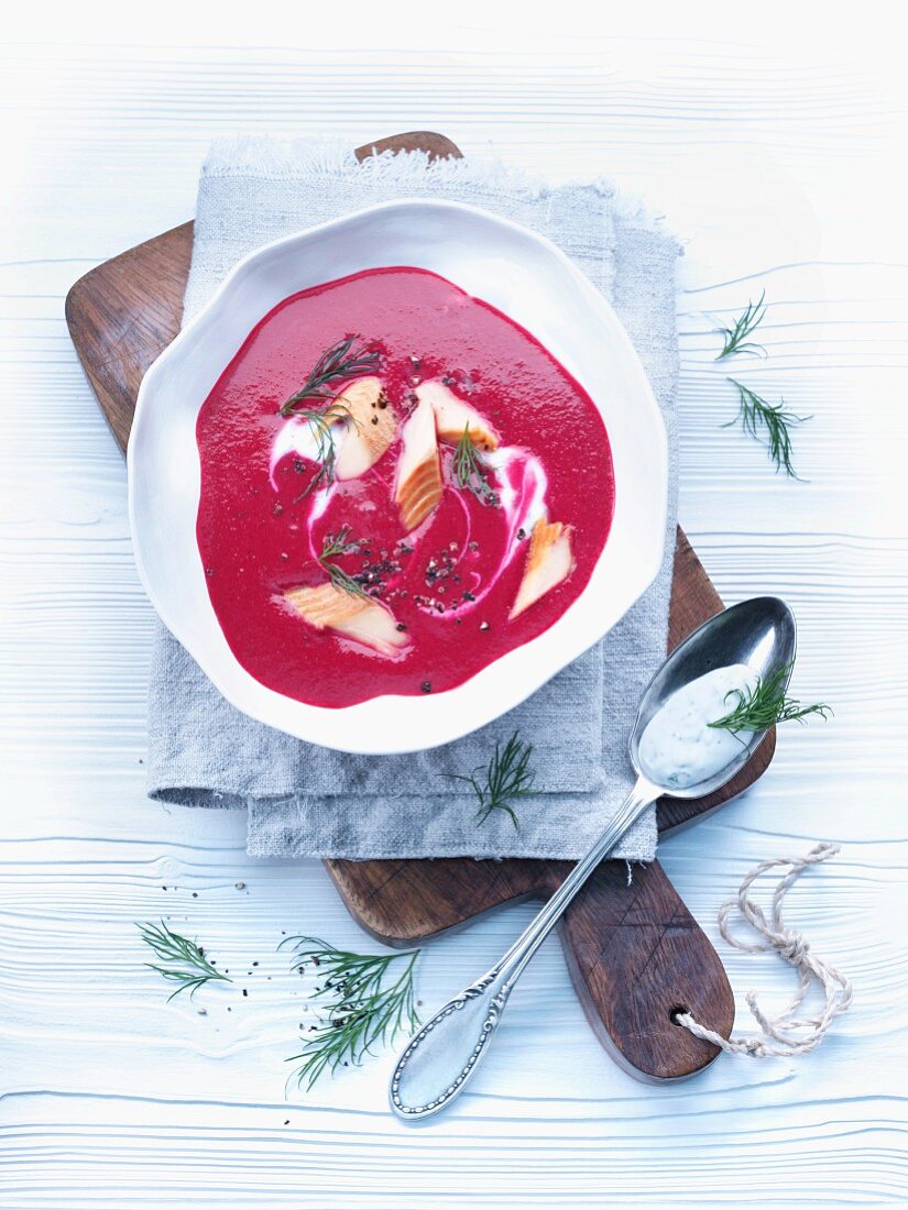 Beetroot soup with smoked trout