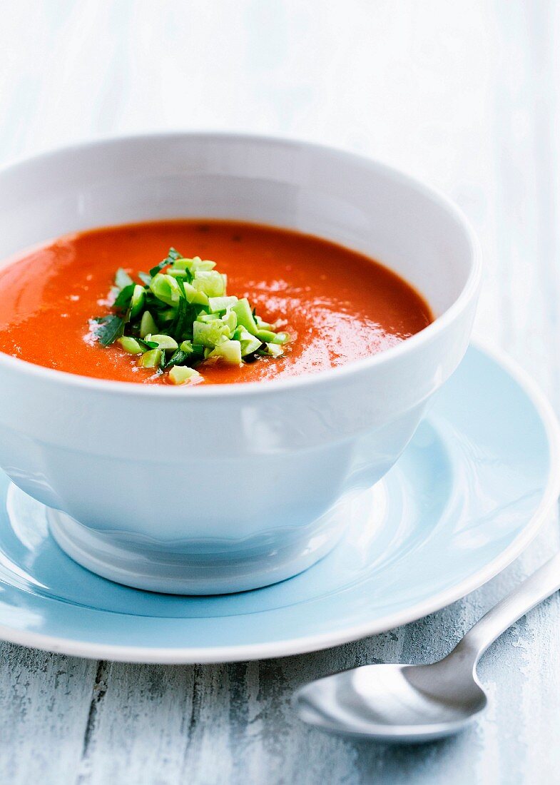 Tomato soup with leek garnish