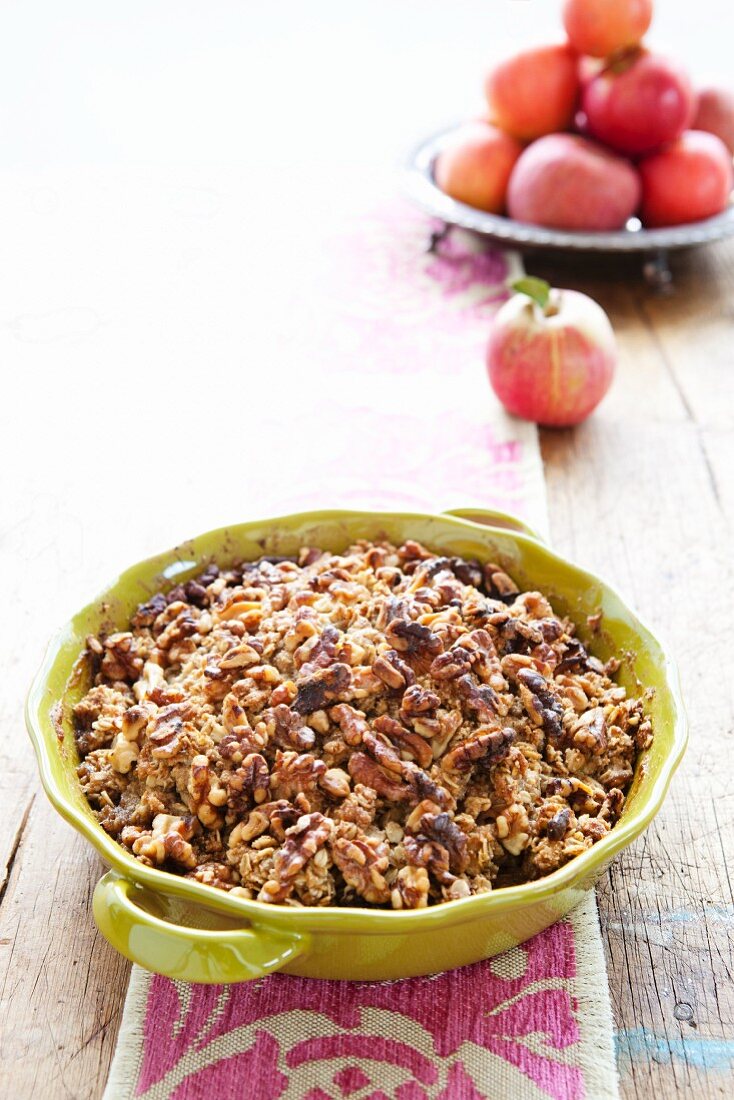 Gluten Free Apple Crisp in a Green Baking Dish