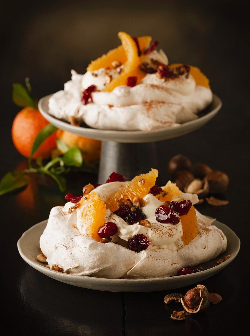 Pavlova with oranges and cranberries for Christmas