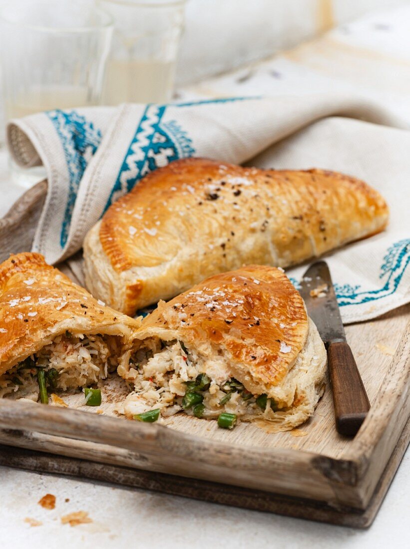 Crab pasties with green beans